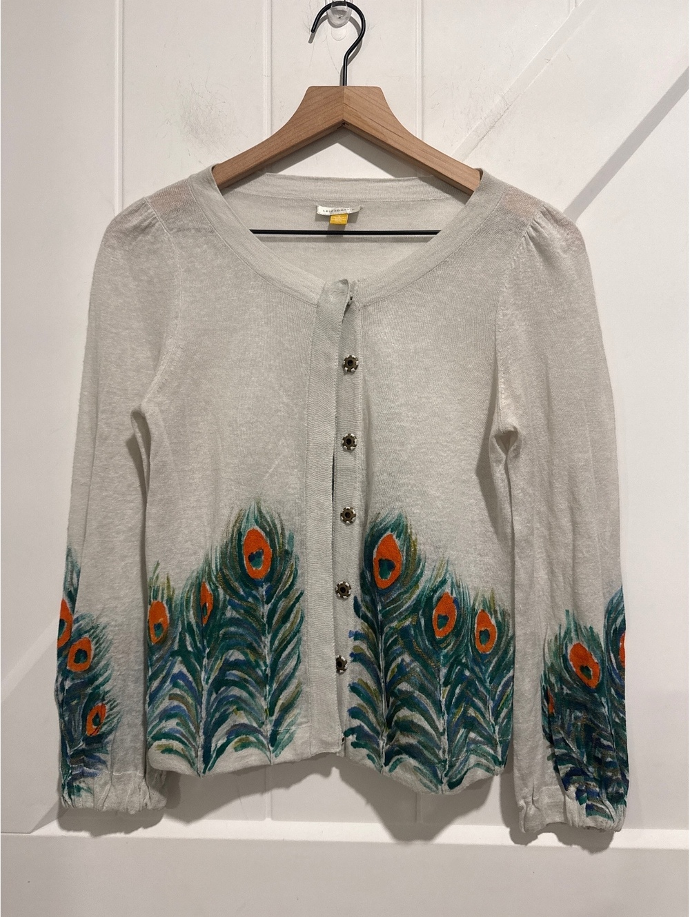 Leifsdottir Anthropologie Women's Linen Blend Cardigan with Peacock Design